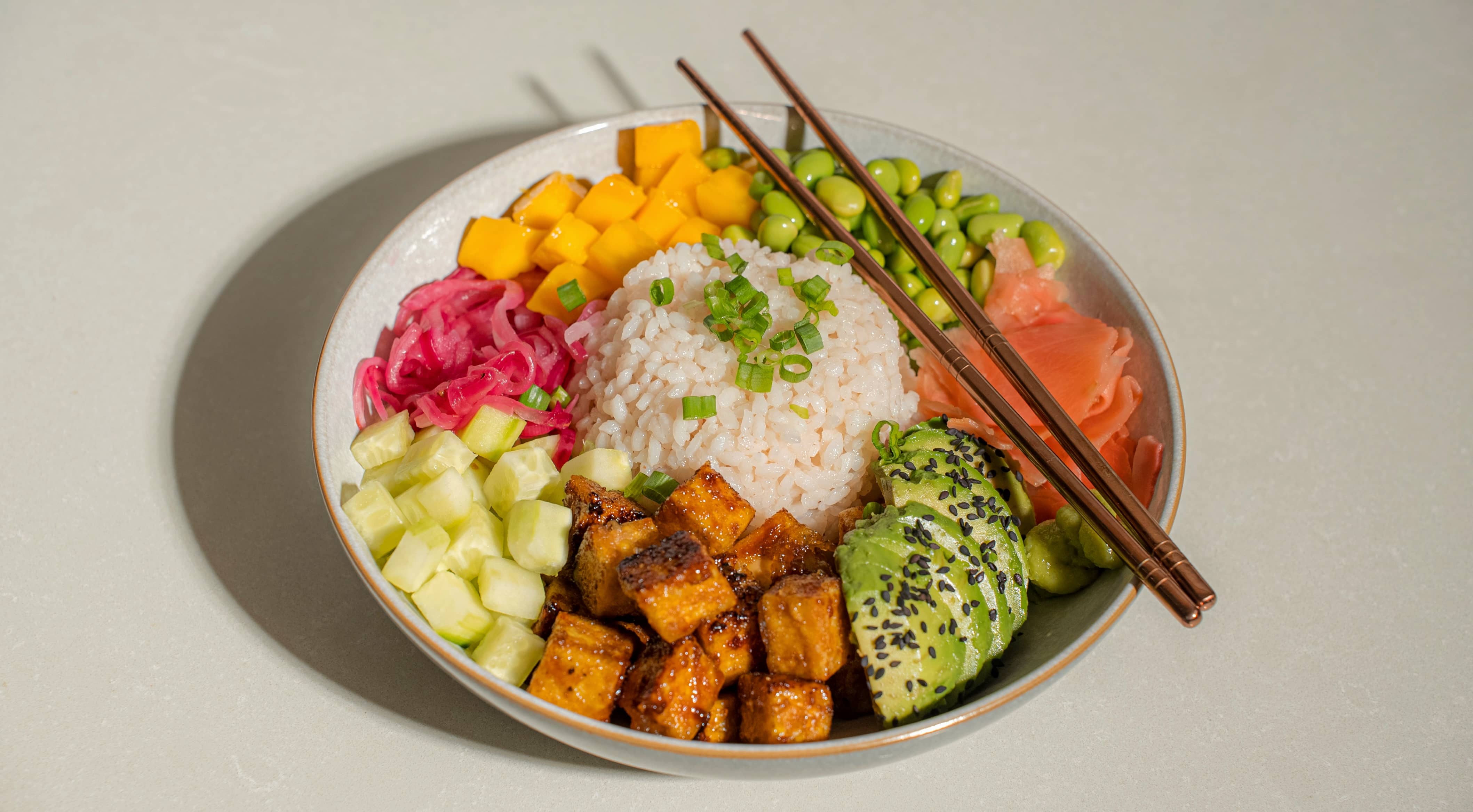 Poke Bowl With Pine Nuts, Tofu and, Mango.  